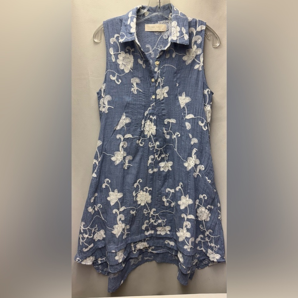 Anthropologie Isabella Sinclair Tillie Embroidered Floral Blue Dress Size Small